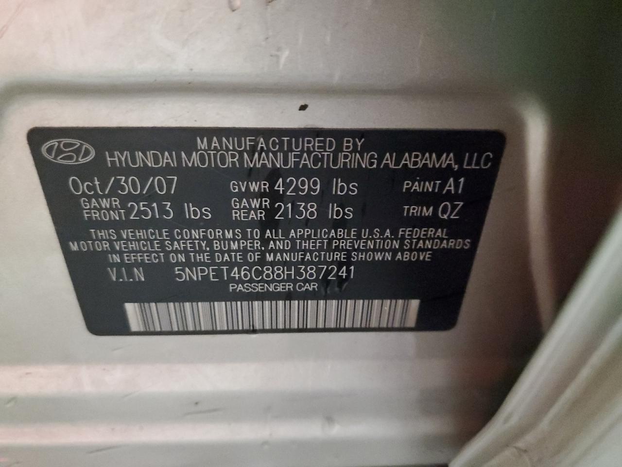 2008 Hyundai Sonata VIN 5NPET46C88H387241 Copart auction photo, front end damage thumbnail 12
