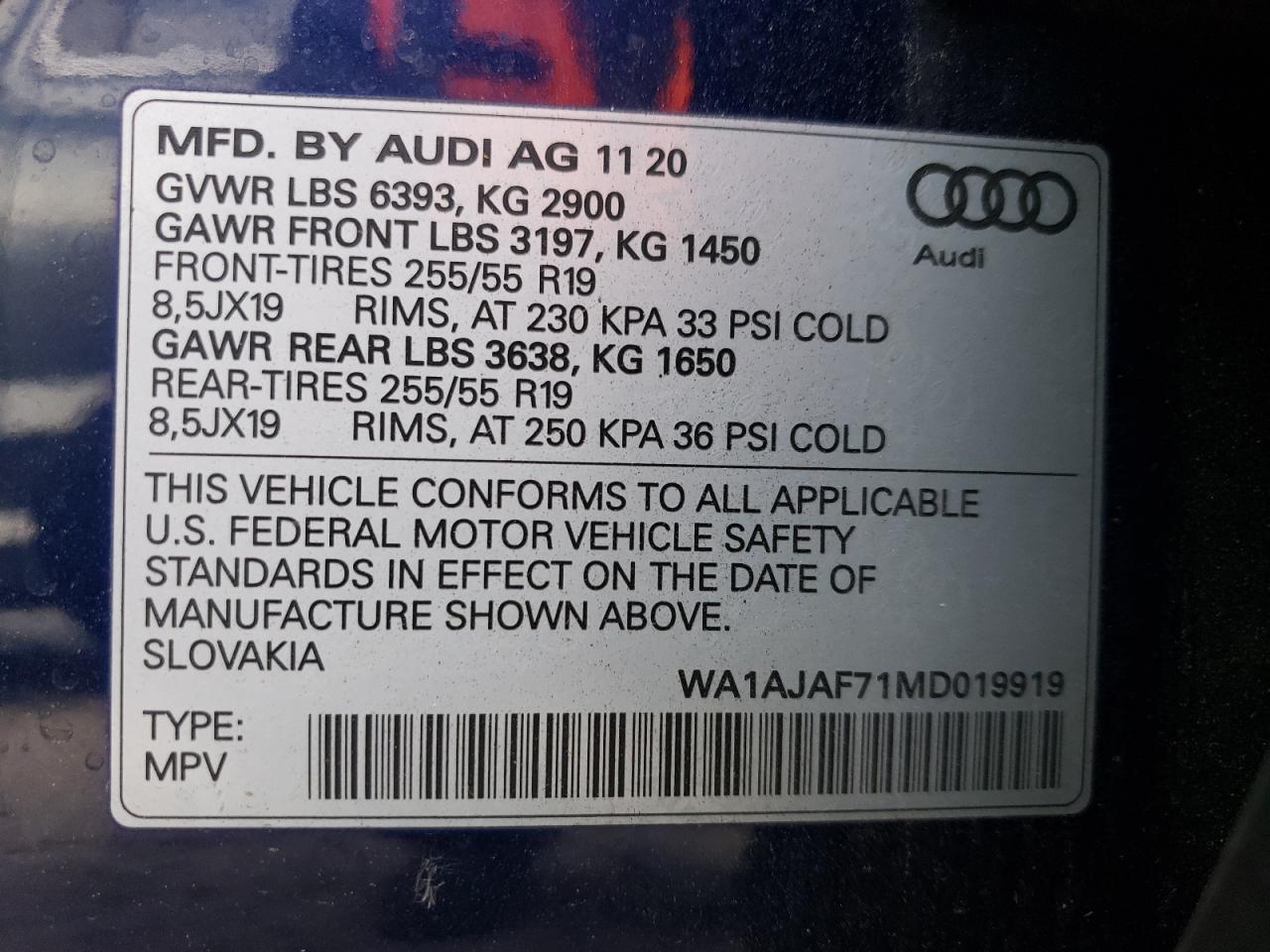 2021 Audi Q7 VIN WA1AJAF71MD019919 Copart auction photo, rear end / minor dent/scratches damage thumbnail 14