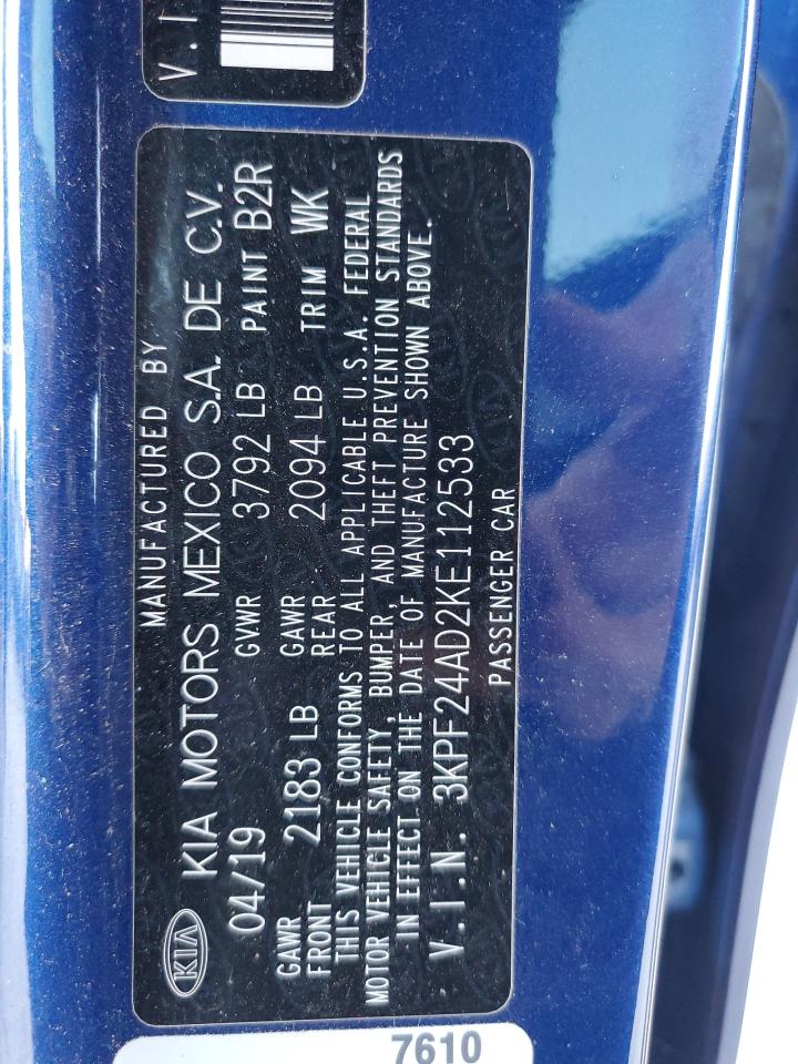 2019 KIA Forte VIN 3KPF24AD2KE112533 Copart auction photo, front end / side damage thumbnail 12