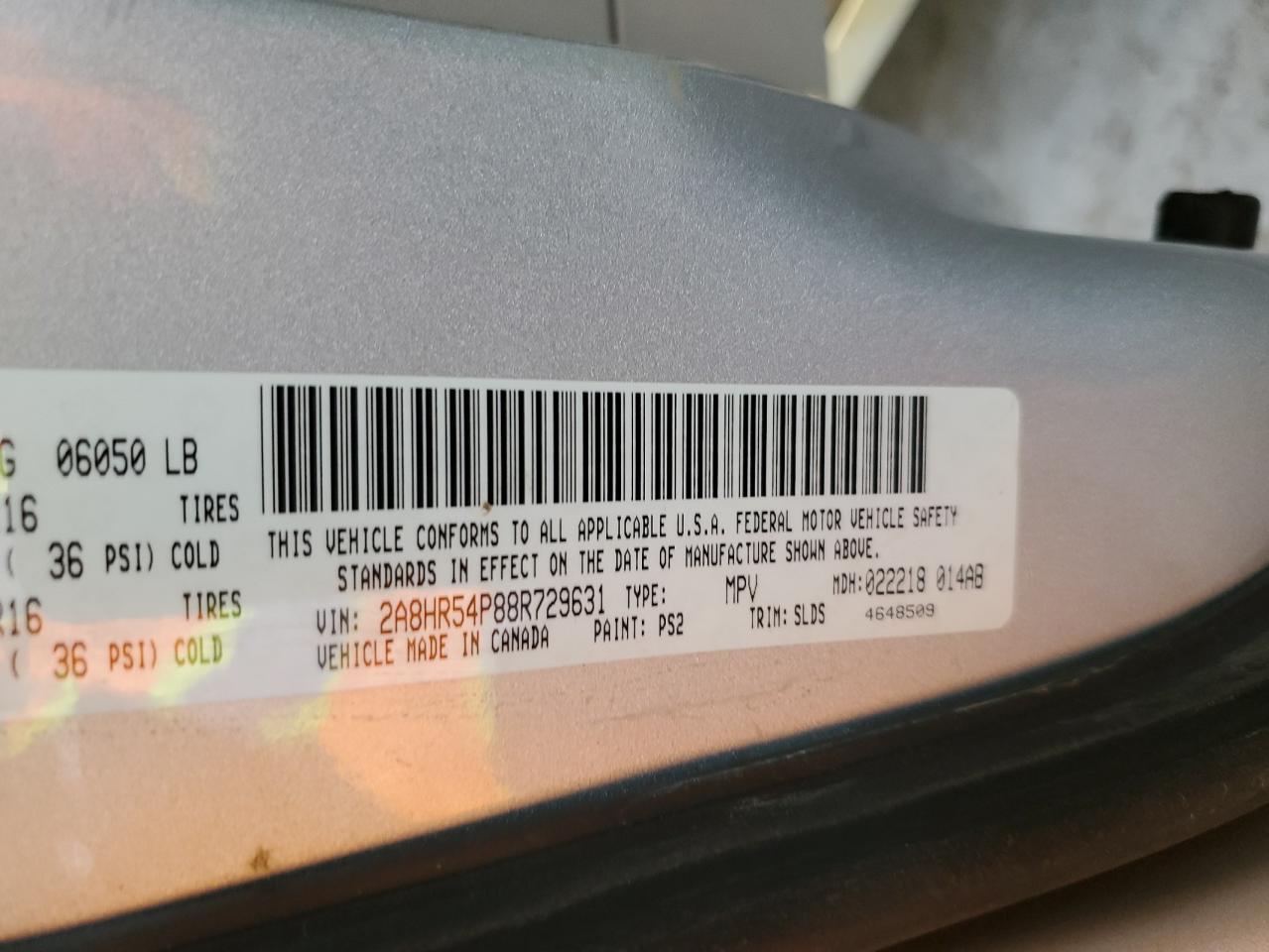 2008 Chrysler Town & Country VIN 2A8HR54P88R729631 Copart auction photo, front end damage thumbnail 13