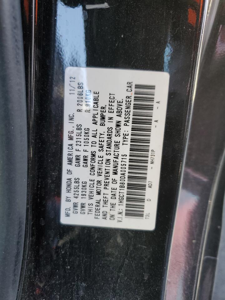 2013 Honda Accord VIN 1HGCT1B80DA005715 Copart auction photo, side / front end damage thumbnail 12
