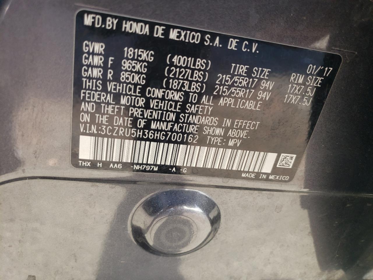 2017 Honda HR-V VIN 3CZRU5H36HG700162 Copart auction photo, undercarriage / front end damage thumbnail 13