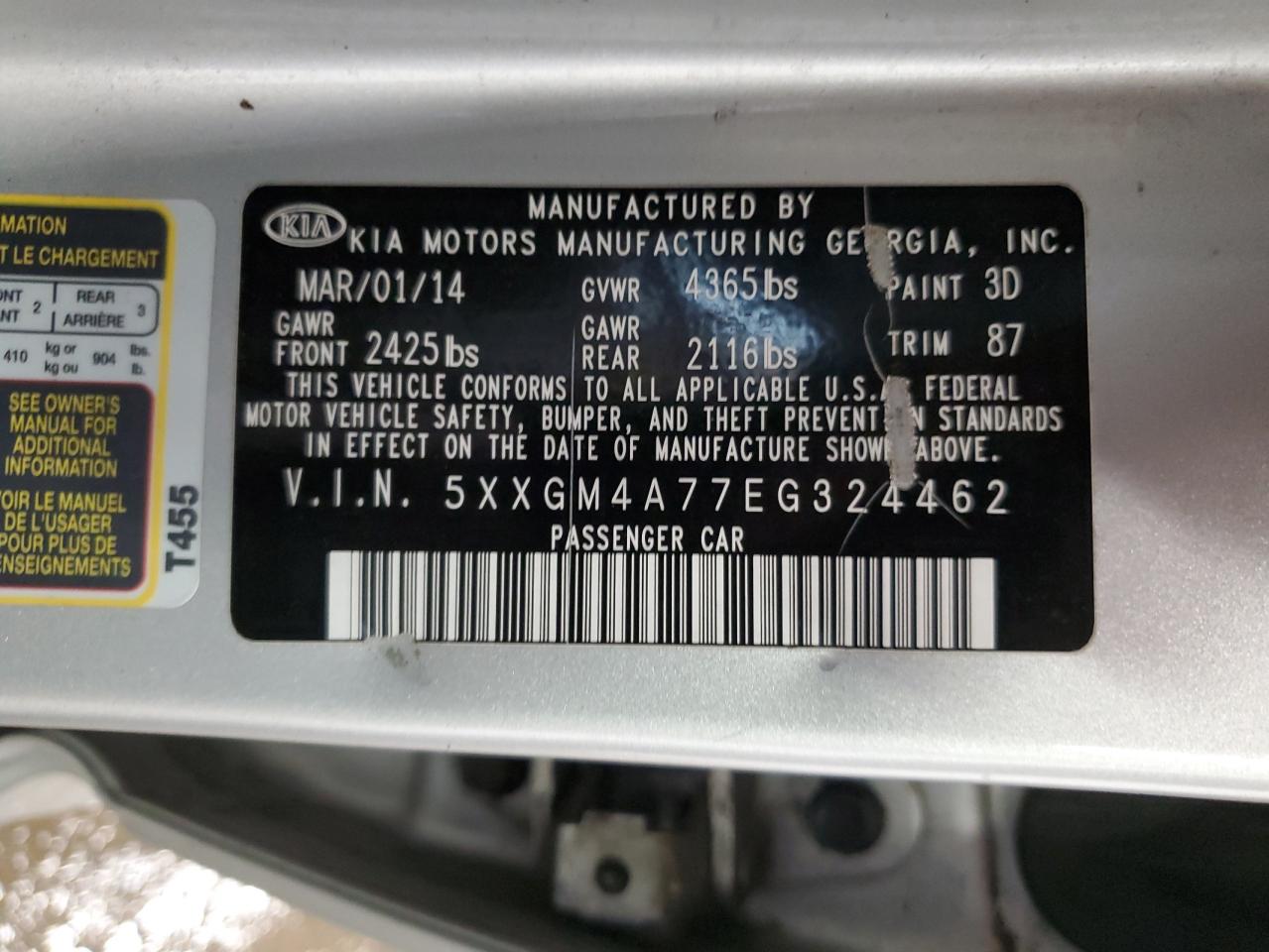 2014 KIA Optima VIN 5XXGM4A77EG324462 Copart auction photo, rear end damage thumbnail 15