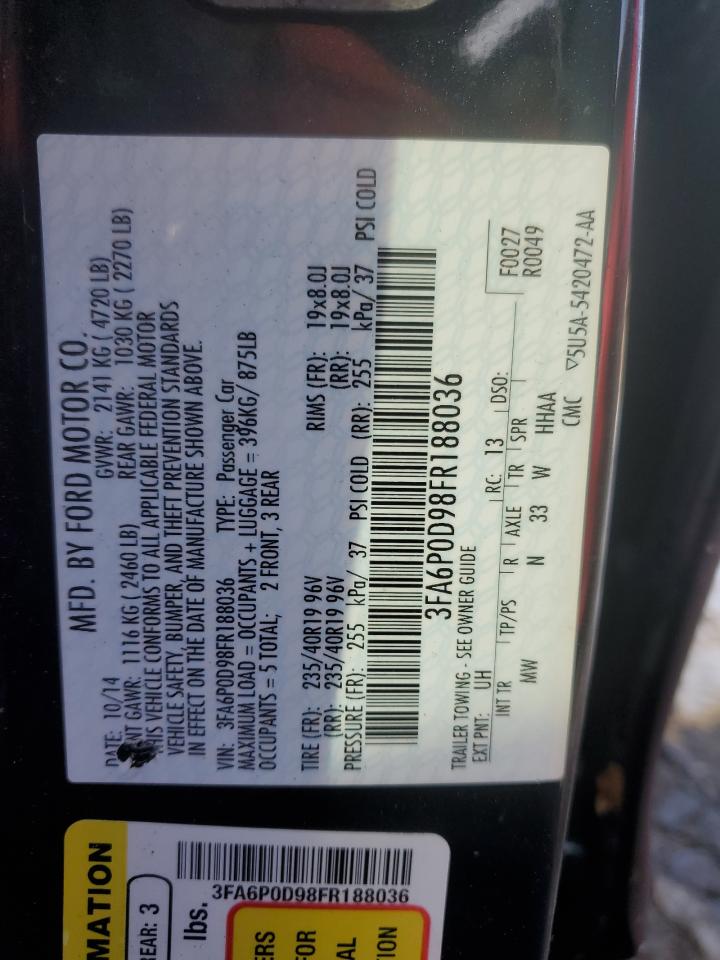 2015 Ford Fusion VIN 3FA6P0D98FR188036 Copart auction photo, rear end damage thumbnail 12