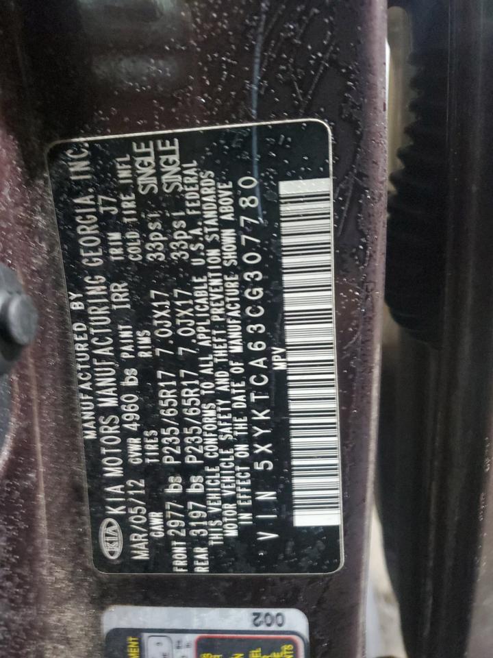 2012 KIA Sorento VIN 5XYKTCA63CG307780 Copart auction photo, front end / side damage thumbnail 13