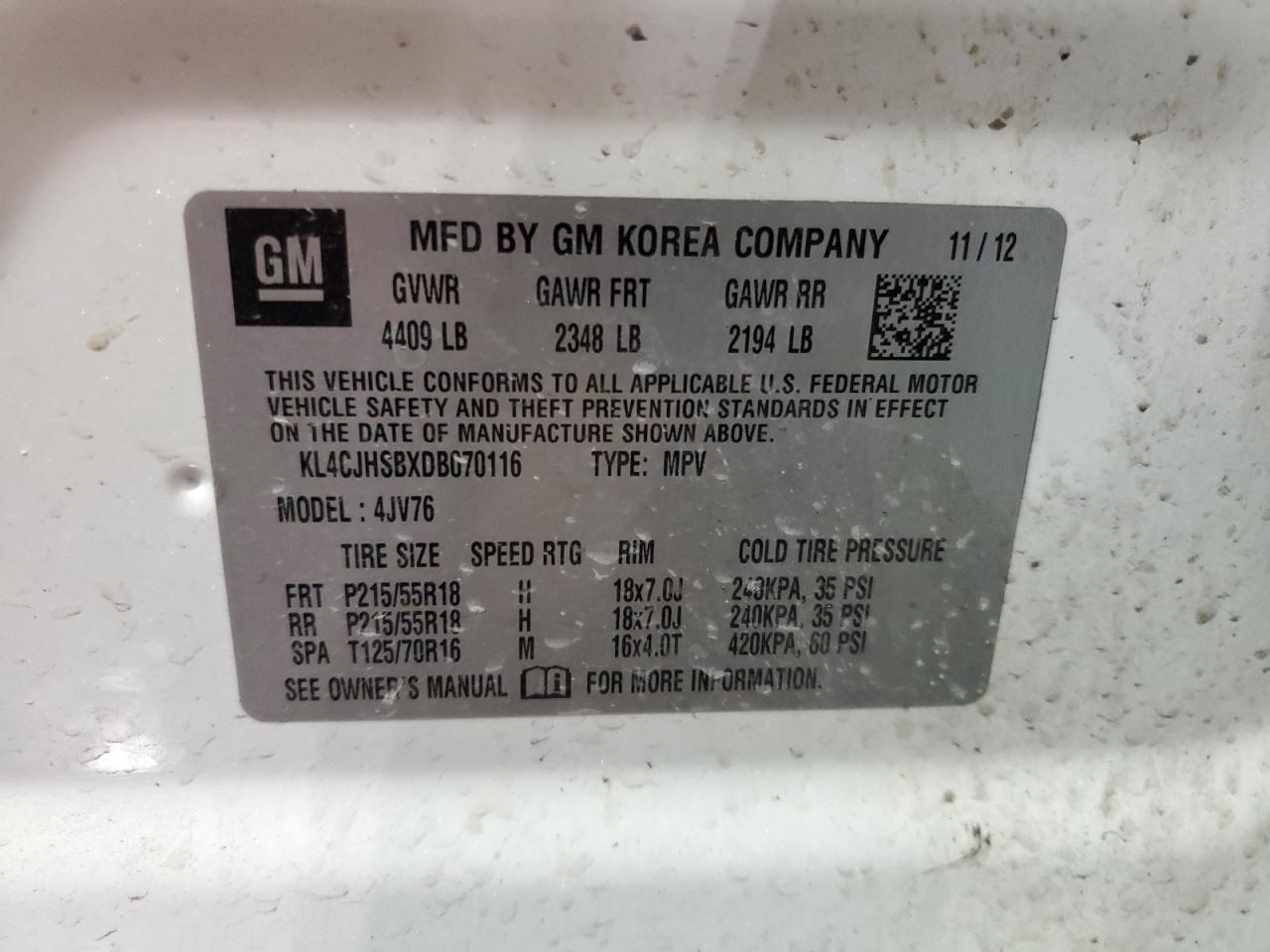 2013 Buick Encore VIN KL4CJHSBXDB070116 Copart auction photo, mechanical damage thumbnail 13