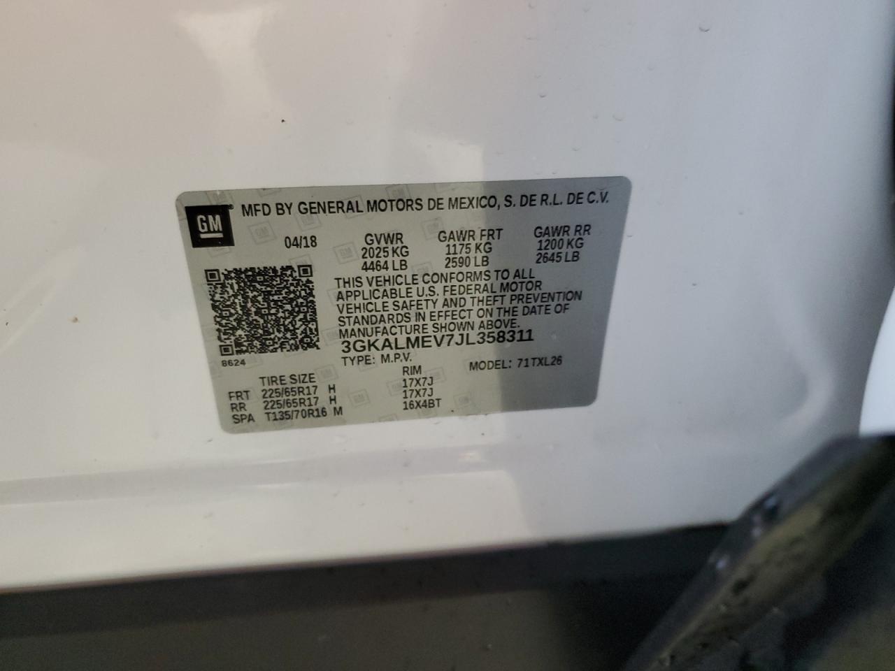 2018 GMC Terrain VIN 3GKALMEV7JL358311 Copart auction photo, front end damage thumbnail 14
