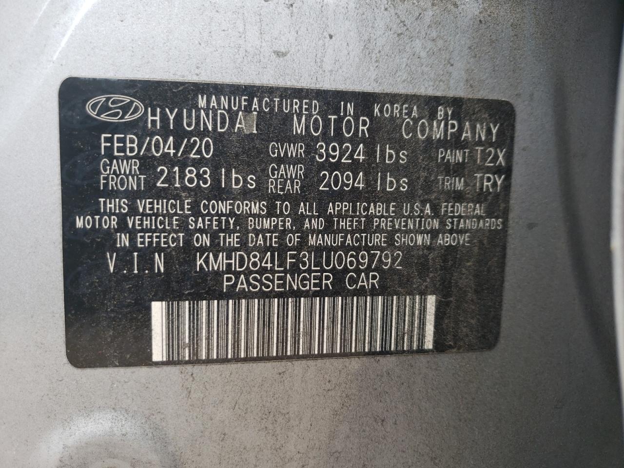 2020 Hyundai Elantra VIN KMHD84LF3LU069792 Copart auction photo, front end / rear end damage thumbnail 13