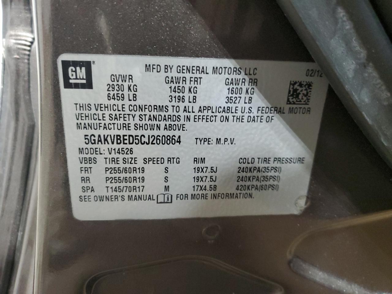 2012 Buick Enclave VIN 5GAKVBED5CJ260864 Copart auction photo, front end damage thumbnail 13