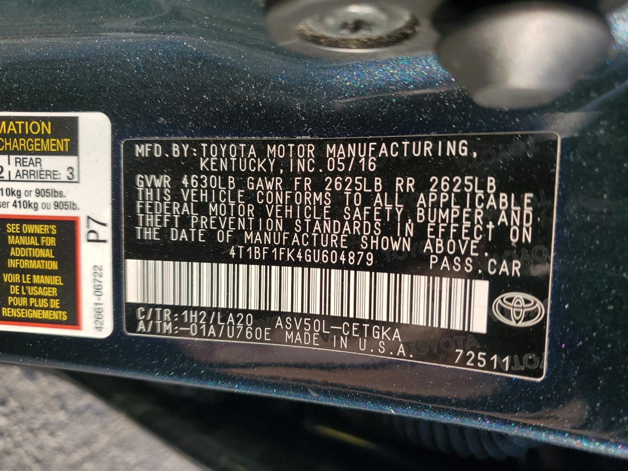 2016 Toyota Camry VIN 4T1BF1FK4GU604879 Copart auction photo, front end / side damage thumbnail 12