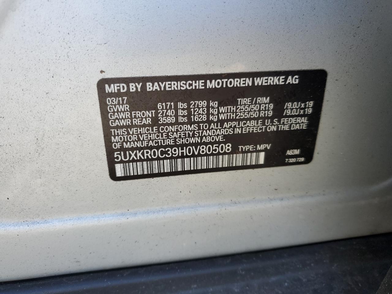 2017 BMW X5 VIN 5UXKR0C39H0V80508 Copart auction photo, rollover damage thumbnail 13