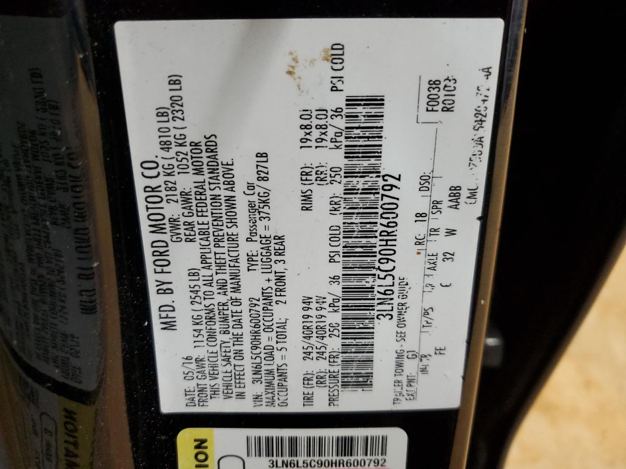 2017 Lincoln MKZ VIN 3LN6L5C90HR600792 Copart auction photo, minor dent/scratches / mechanical damage thumbnail 12