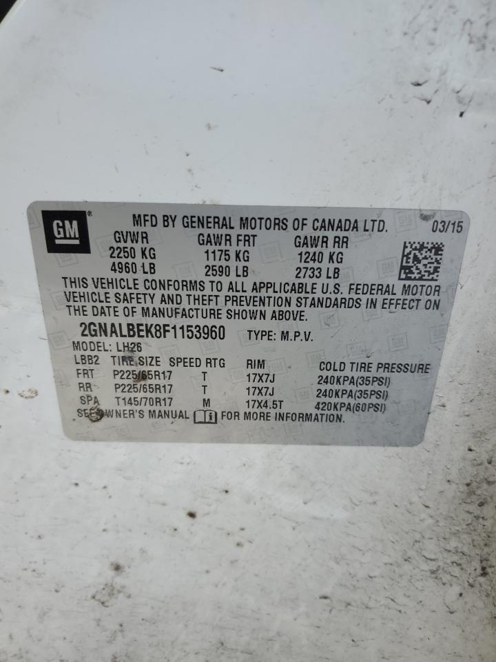 2015 Chevrolet Equinox VIN 2GNALBEK8F1153960 Copart auction photo, rear end / front end damage thumbnail 13