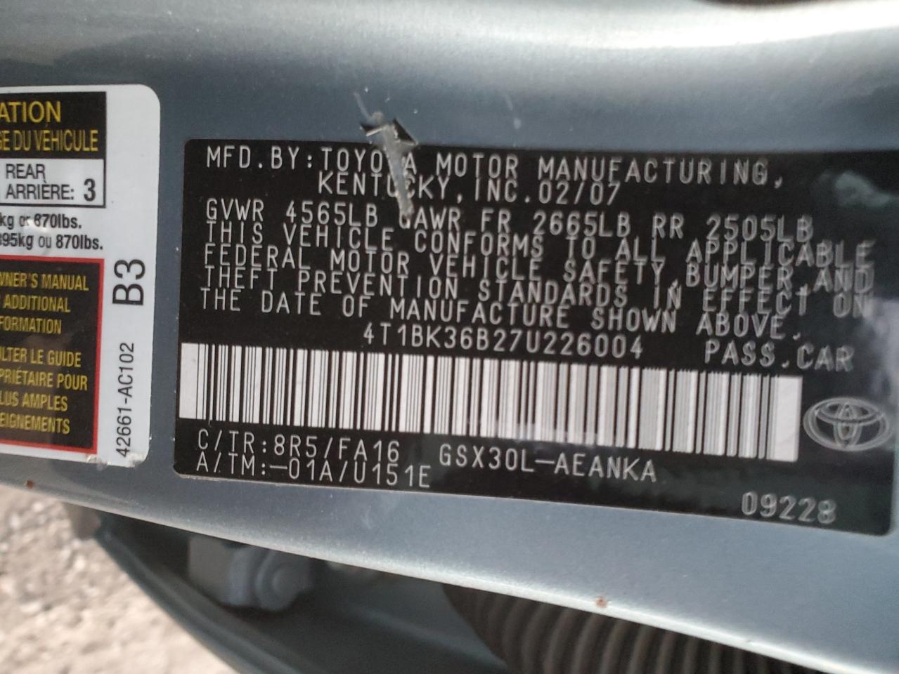 2007 Toyota Avalon VIN 4T1BK36B27U226004 Copart auction photo, side / rear end damage thumbnail 12