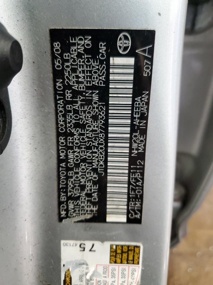 2008 Toyota Prius VIN JTDKB20UX87793621 Copart auction photo, rear end damage thumbnail 13