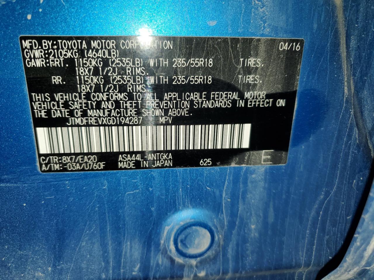 2016 Toyota RAV 4 VIN JTMDFREVXGD194287 Copart auction photo, front end / minor dent/scratches damage thumbnail 15