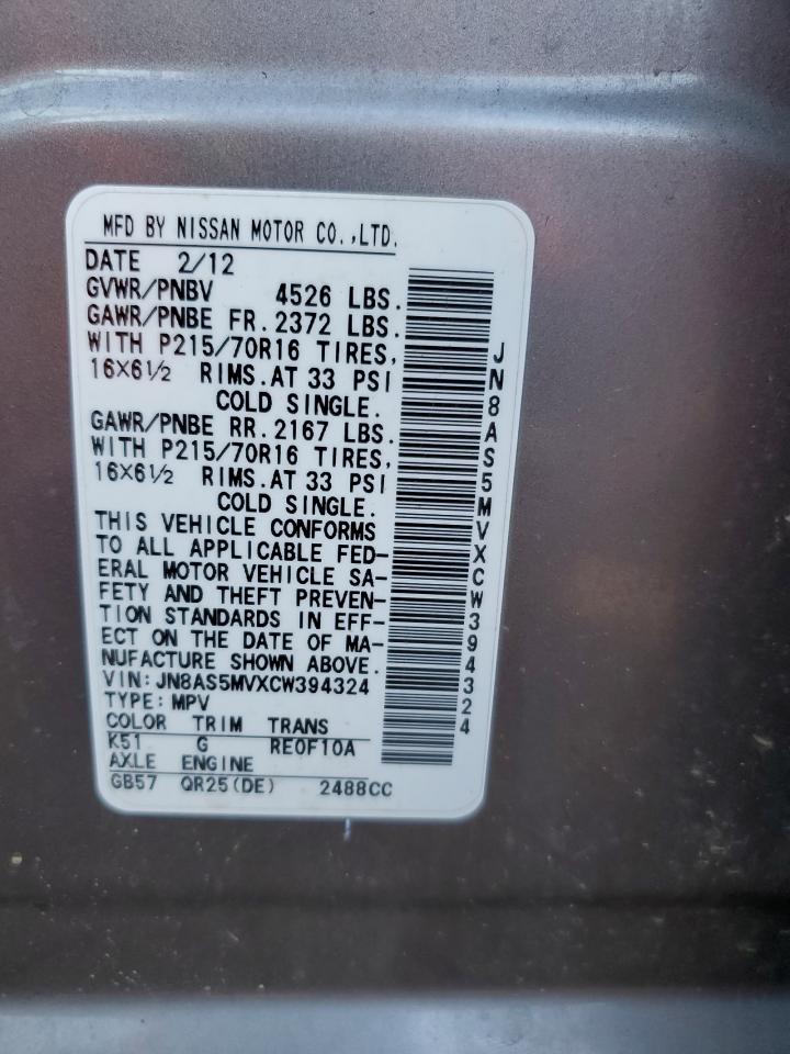2012 Nissan Rogue VIN JN8AS5MVXCW394324 Copart auction photo, front end damage thumbnail 14