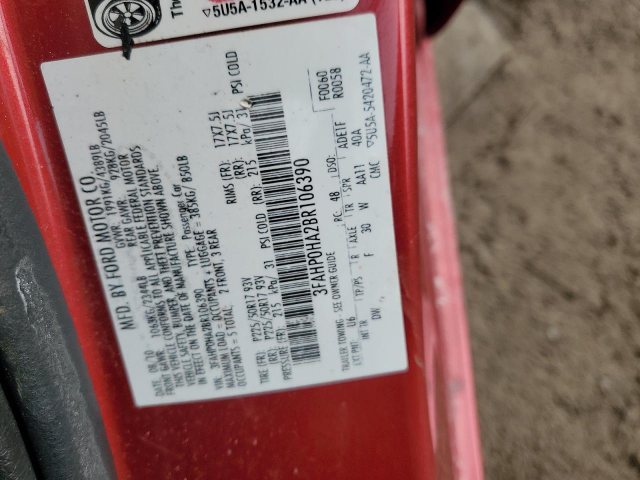 2011 Ford Fusion VIN 3FAHP0HA2BR106390 Copart auction photo, side / front end damage thumbnail 14