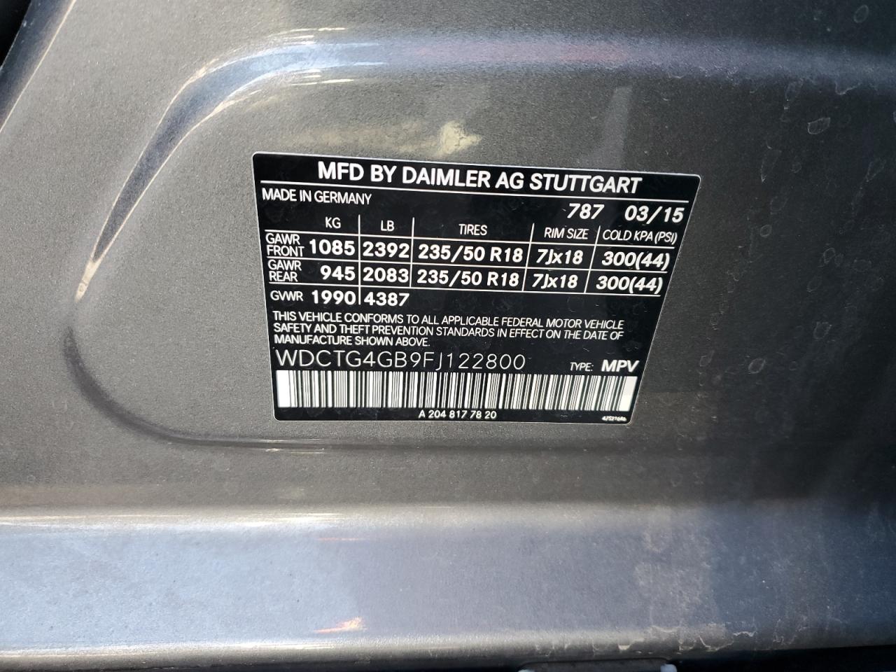 2015 Mercedes-Benz GLA-klasse VIN WDCTG4GB9FJ122800 Copart auction photo, front end damage thumbnail 12