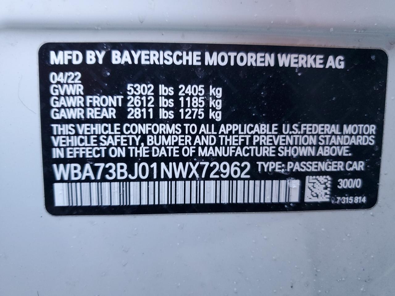 2022 BMW 5er VIN WBA73BJ01NWX72962 Copart auction photo, front end damage thumbnail 12