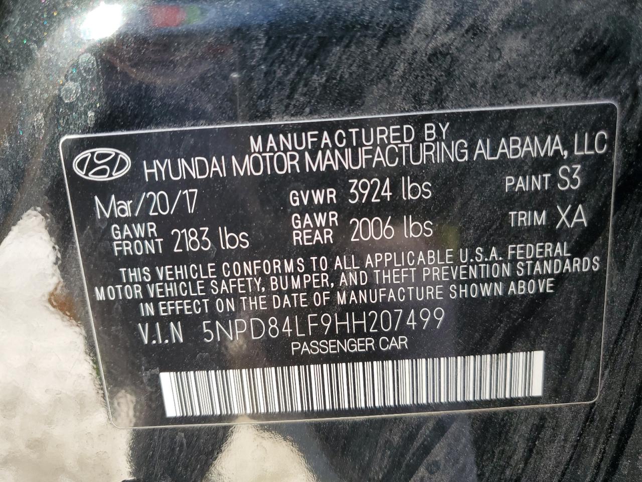 2017 Hyundai Elantra VIN 5NPD84LF9HH207499 Copart auction photo, front end / minor dent/scratches damage thumbnail 13
