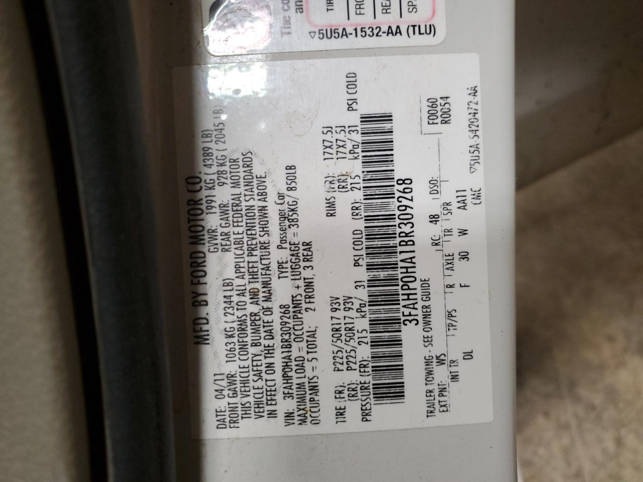 2011 Ford Fusion VIN 3FAHP0HA1BR309268 Copart auction photo, front end / hail damage thumbnail 14