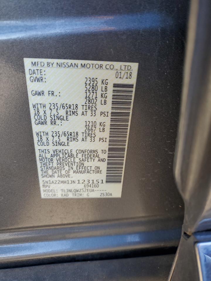 2018 Nissan Murano VIN 5N1AZ2MH1JN123151 Copart auction photo, rear end damage thumbnail 13