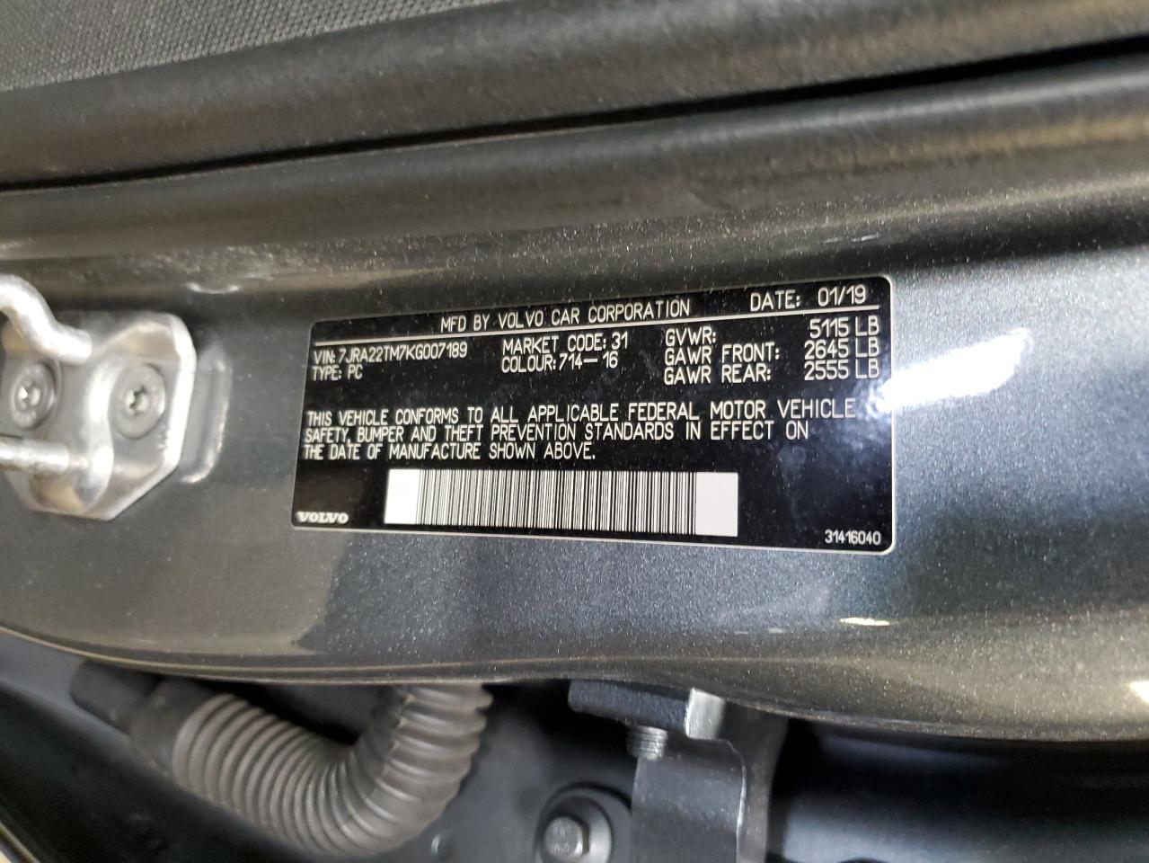 2019 Volvo S60 VIN 7JRA22TM7KG007189 Copart auction photo, front end / side damage thumbnail 13