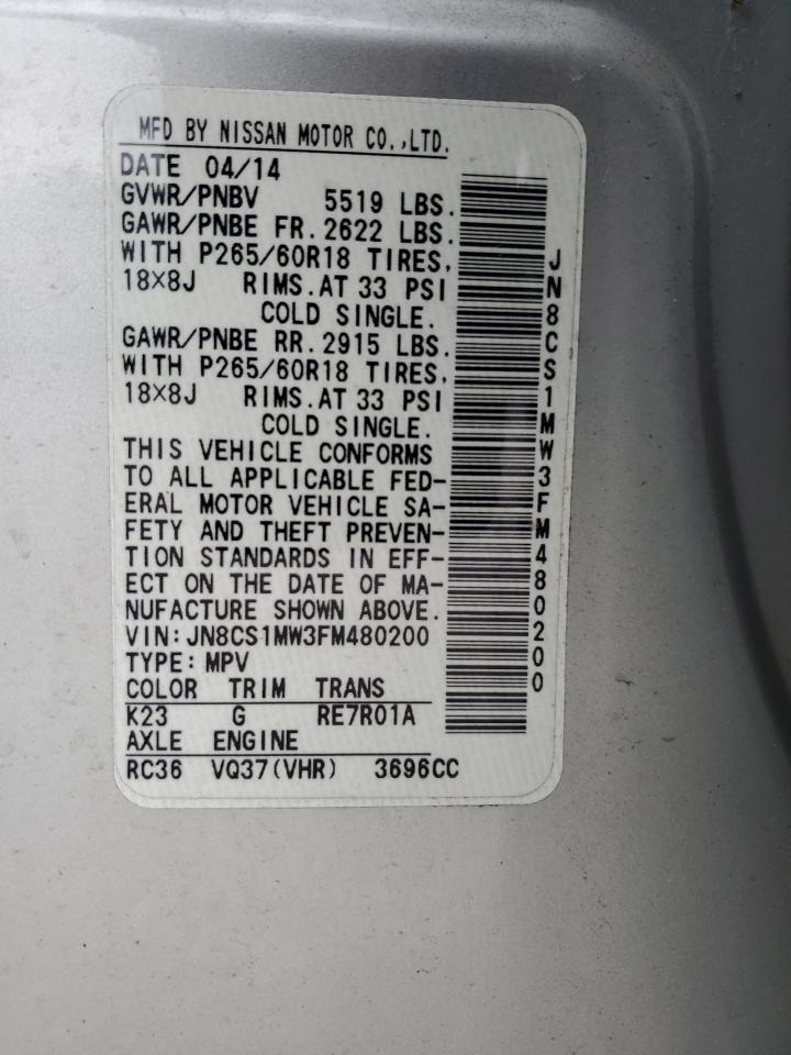 2015 Infiniti QX70 VIN JN8CS1MW3FM480200 Copart auction photo, rear end / minor dent/scratches damage thumbnail 15