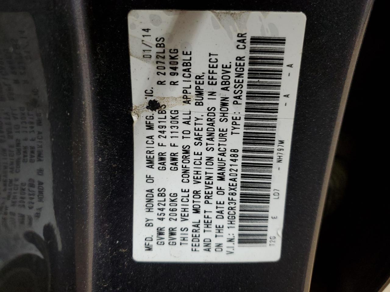 2014 Honda Accord VIN 1HGCR3F8XEA021488 Copart auction photo, all over damage thumbnail 12