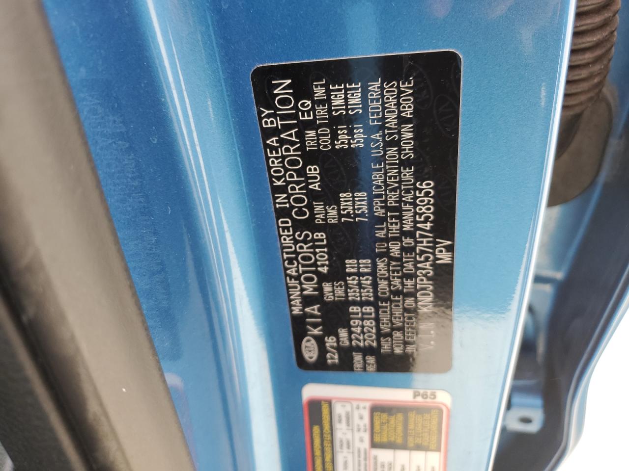 2017 KIA Soul VIN KNDJP3A57H7458956 Copart auction photo, rear end damage thumbnail 16