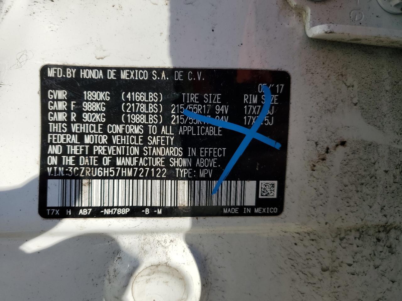 2017 Honda HR-V VIN 3CZRU6H57HM727122 Copart auction photo, side damage thumbnail 14