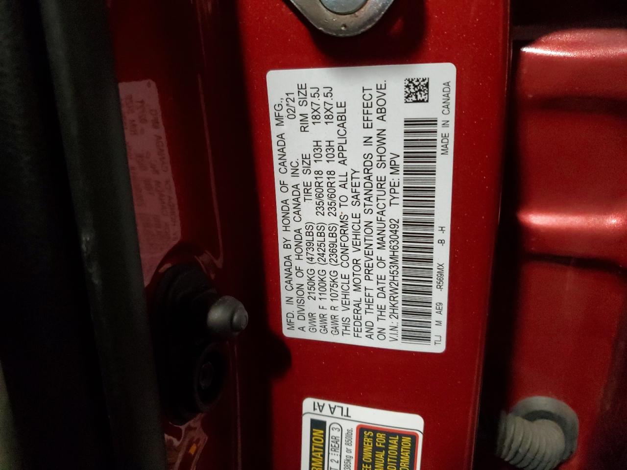 2021 Honda CR-V VIN 2HKRW2H53MH630492 Copart auction photo, all over damage thumbnail 13
