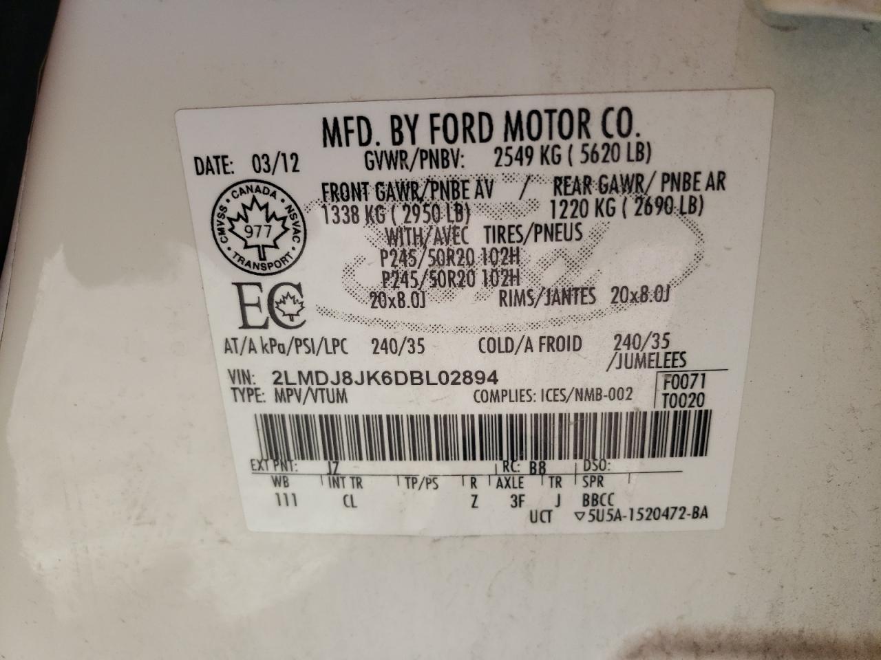 2013 Lincoln MKX VIN 2LMDJ8JK6DBL02894 Copart auction photo, undercarriage / minor dent/scratches damage thumbnail 13