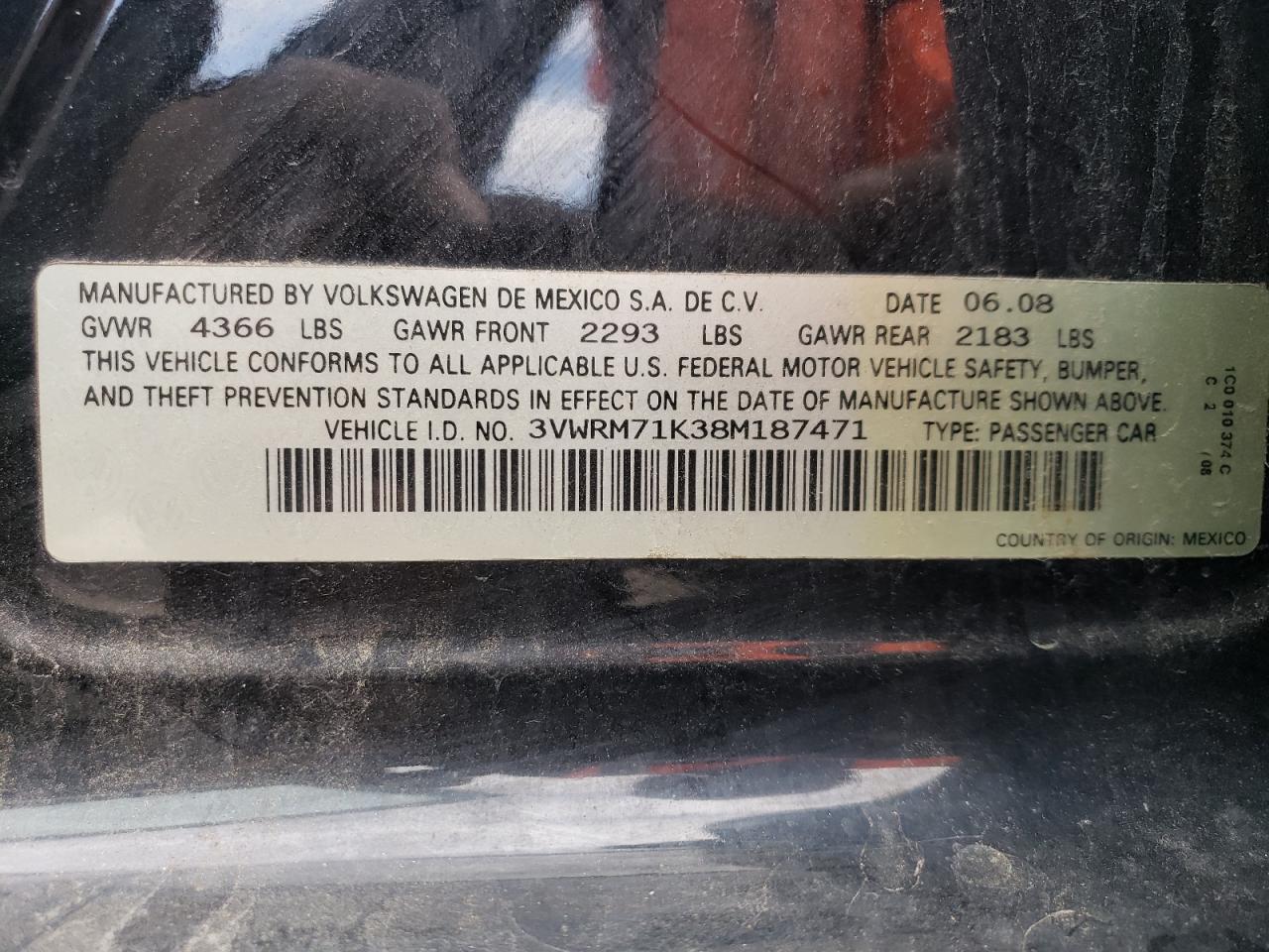 2008 Volkswagen Jetta VIN 3VWRM71K38M187471 Copart auction photo, front end / hail damage thumbnail 12