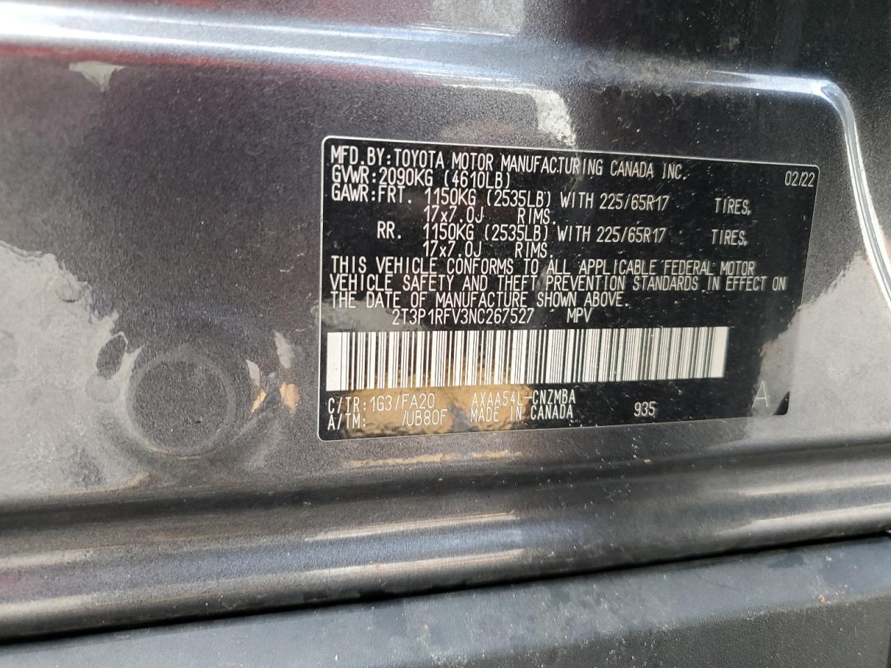 2022 Toyota RAV 4 VIN 2T3P1RFV3NC267527 Copart auction photo, rear end / front end damage thumbnail 15