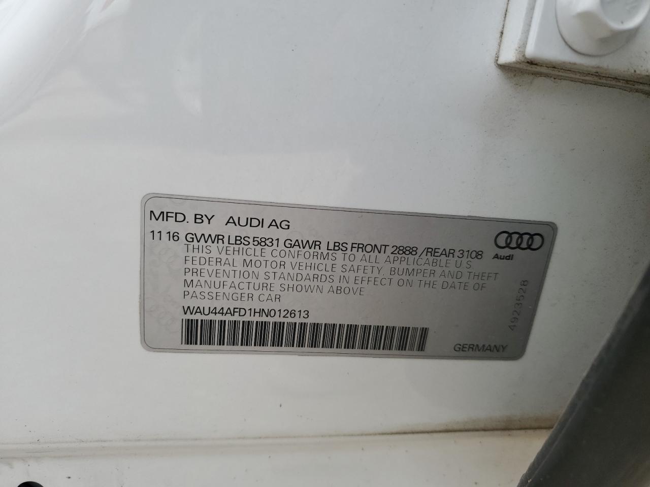 2017 Audi A8 VIN WAU44AFD1HN012613 Copart auction photo, front end / minor dent/scratches damage thumbnail 12
