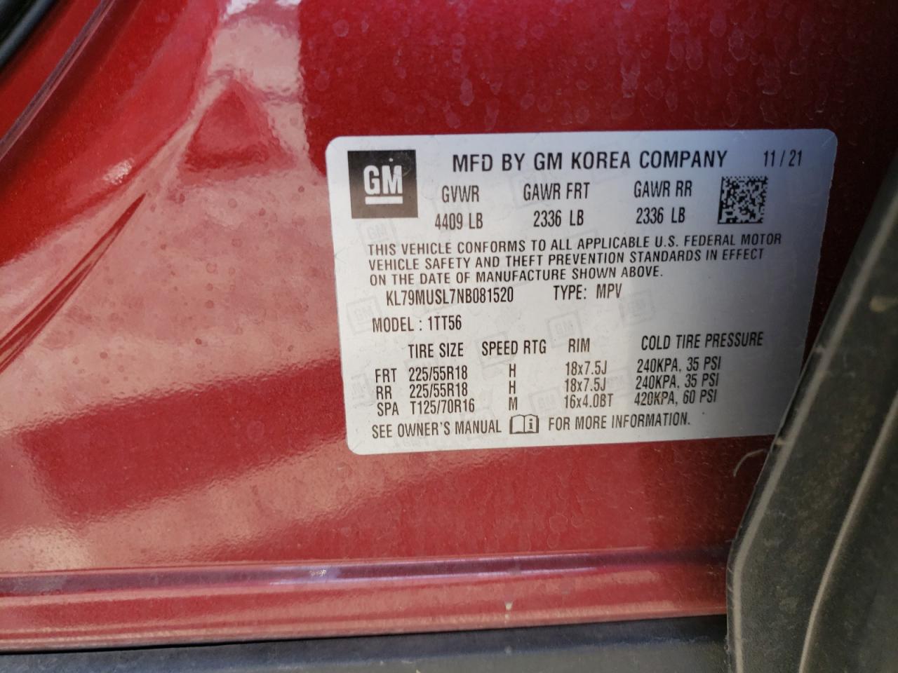 2022 Chevrolet TrailBlazer VIN KL79MUSL7NB081520 Copart auction photo, front end / undercarriage damage thumbnail 15
