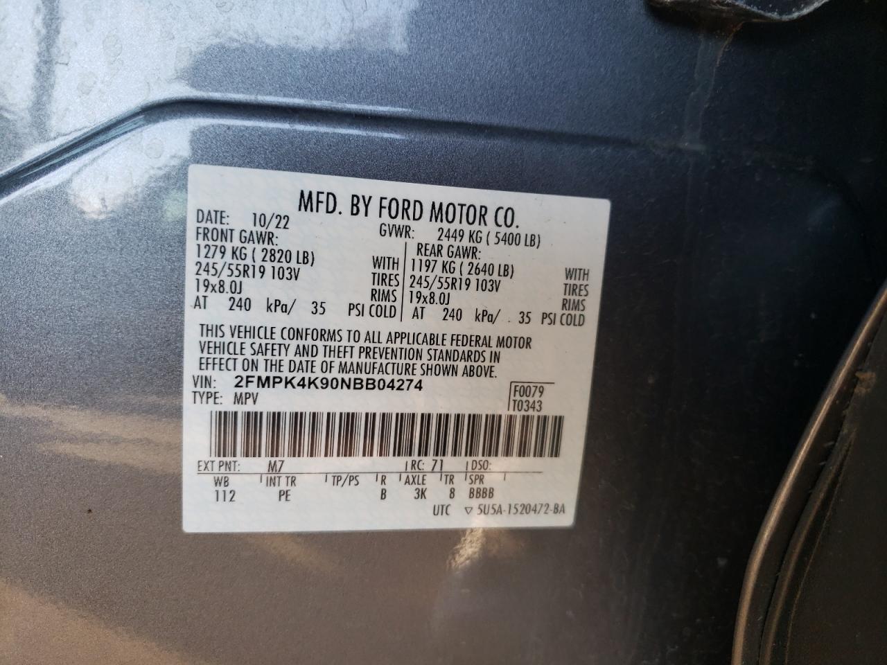 2022 Ford Edge VIN 2FMPK4K90NBB04274 Copart auction photo, front end damage thumbnail 12