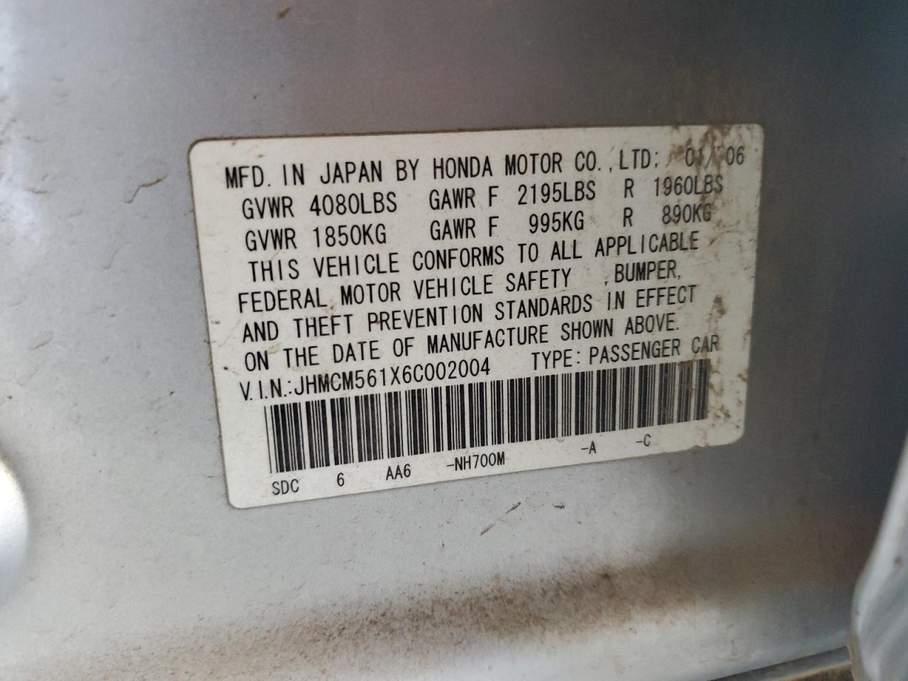 2006 Honda Accord VIN JHMCM561X6C002004 Copart auction photo, front end damage thumbnail 12