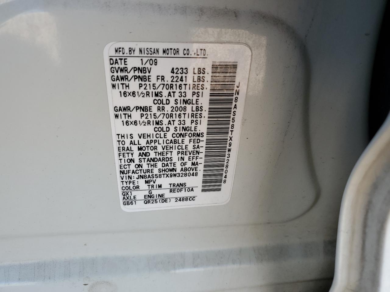 2009 Nissan Rogue VIN JN8AS58TX9W328048 Copart auction photo, side / front end damage thumbnail 15