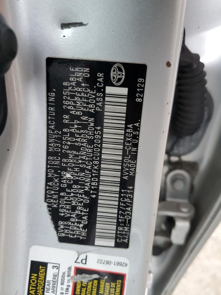 2012 Toyota Camry VIN 4T1BD1FK8CU020954 Copart auction photo, front end / rear end damage thumbnail 12