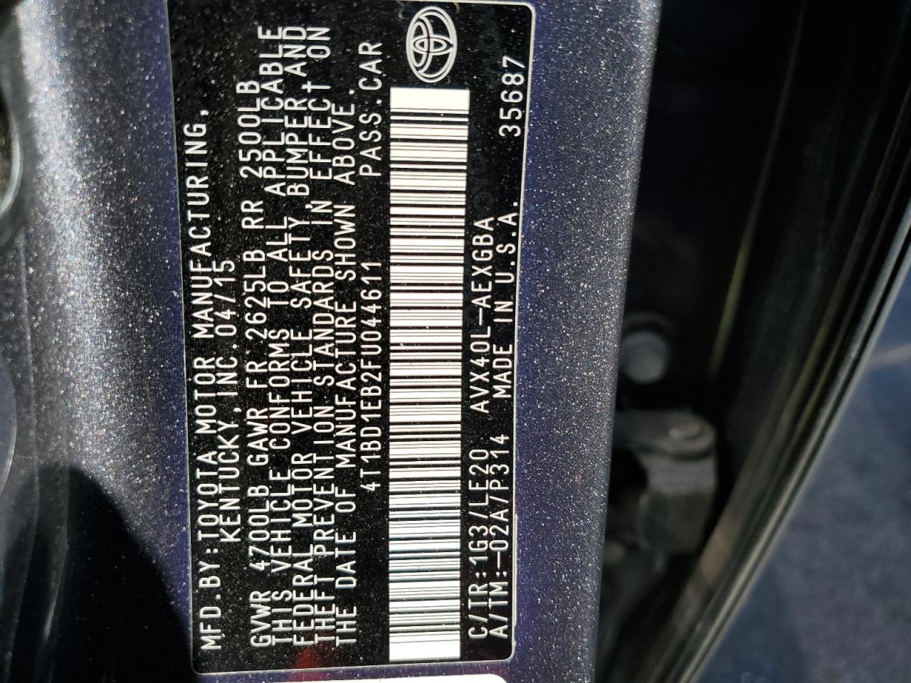 2015 Toyota Avalon VIN 4T1BD1EB2FU044611 Copart auction photo, rear end damage thumbnail 12
