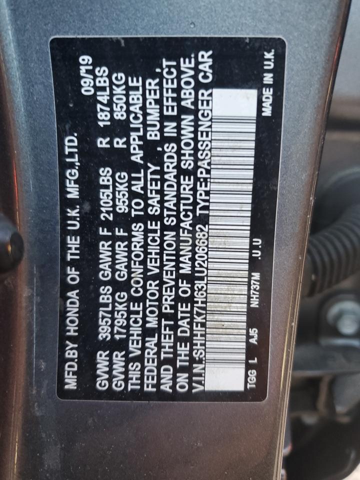 2020 Honda Civic VIN SHHFK7H63LU206682 Copart auction photo, water/flood damage thumbnail 13