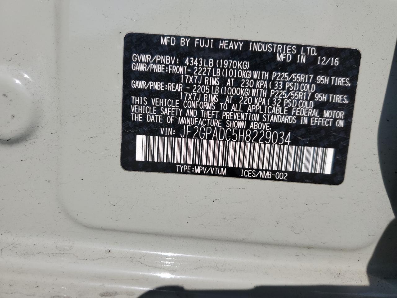 2017 Subaru XV VIN JF2GPADC5H8229034 Copart auction photo, front end damage thumbnail 12