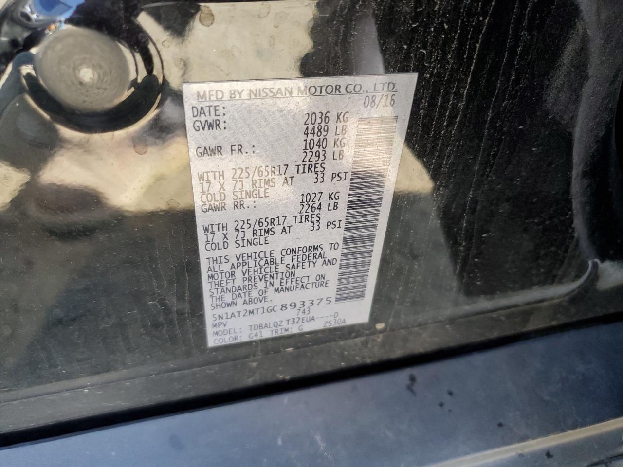 2016 Nissan Rogue VIN 5N1AT2MT1GC893375 Copart auction photo, front end damage thumbnail 13