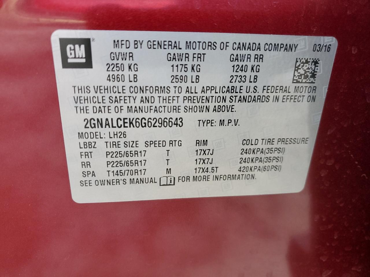 2016 Chevrolet Equinox VIN 2GNALCEK6G6296643 Copart auction photo, front end damage thumbnail 14