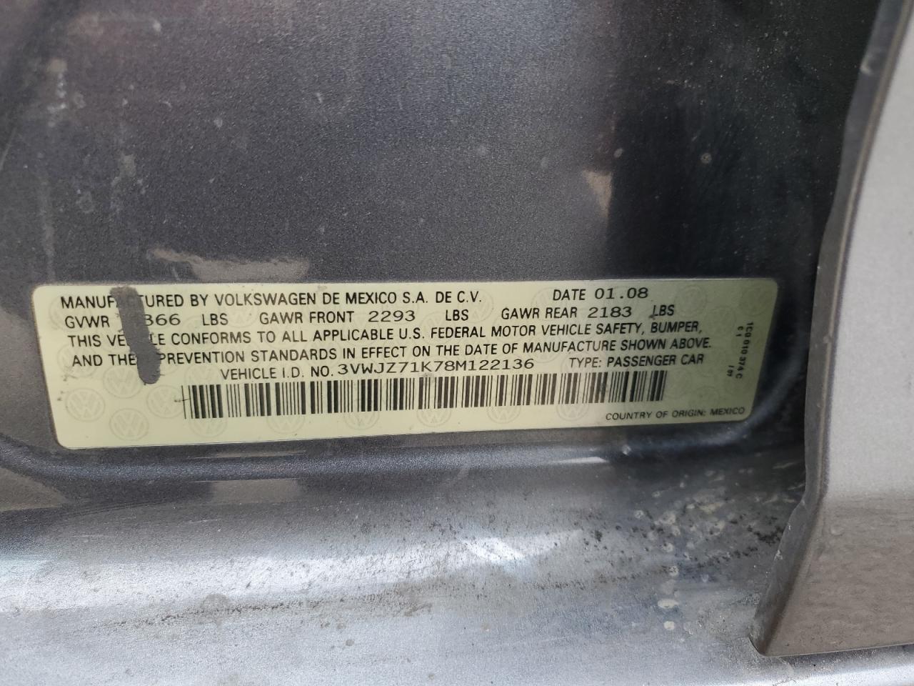 2008 Volkswagen Jetta VIN 3VWJZ71K78M122136 Copart auction photo, rear end / undercarriage damage thumbnail 12