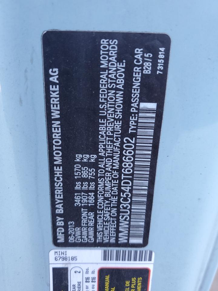 2013 MINI Cooper VIN WMWSU3C54DT686602 Copart auction photo, front end / rear end damage thumbnail 12