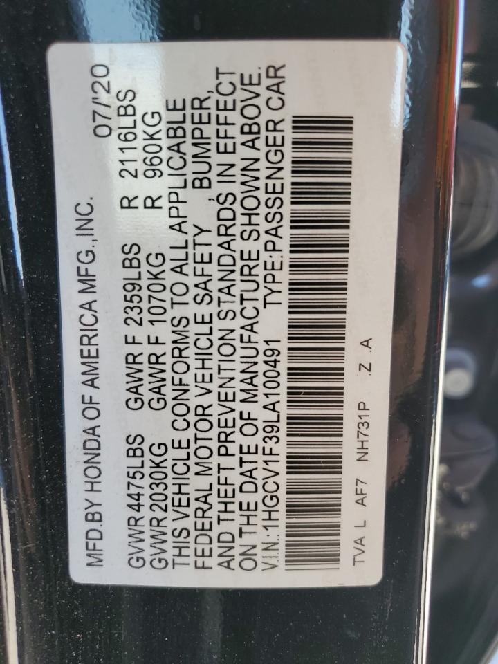 2020 Honda Accord VIN 1HGCV1F39LA100491 Copart auction photo, front end / minor dent/scratches damage thumbnail 12